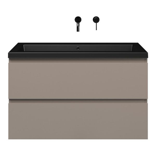 Zoutelande badmeubel 100 cm taupe met polystone Cadzand wastafel zwart mat, zonder kraangat