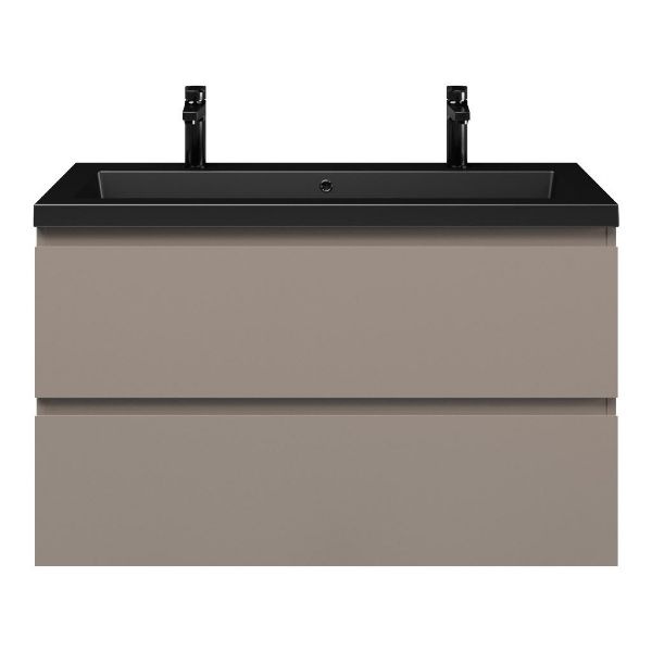 Zoutelande badmeubel 100 cm taupe met polystone Cadzand wastafel zwart mat, 2 kraangaten