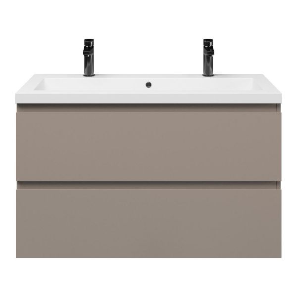 Zoutelande badmeubel 100 cm taupe met polystone Cadzand wastafel wit glans, 2 kraangaten