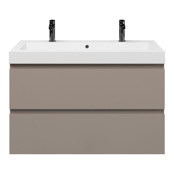 Zoutelande badmeubel 100 cm taupe met polystone Cadzand wastafel wit glans, 2 kraangaten