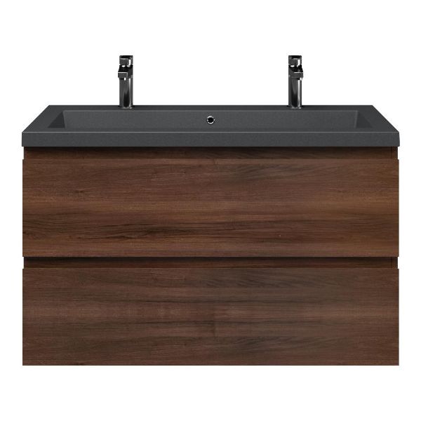 Zoutelande badmeubel 100 cm walnoot met quartz Cadzand-Q wastafel grijs mat, 2 kraangaten