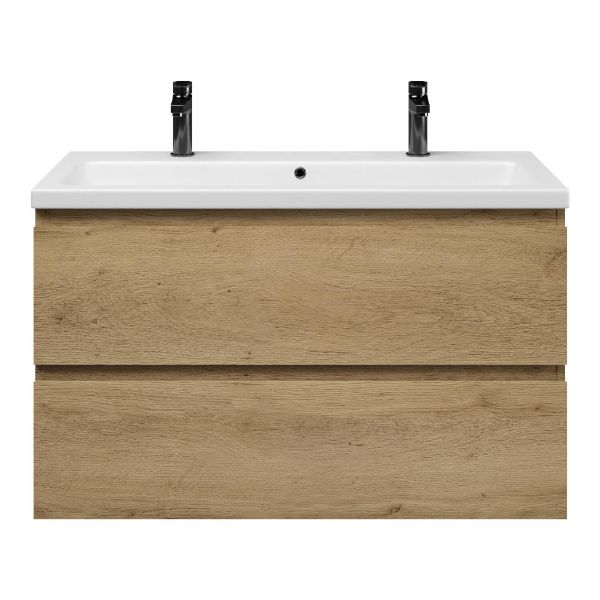 Zoutelande badmeubel 100 cm warm eiken met keramische Dishoek wastafel wit mat