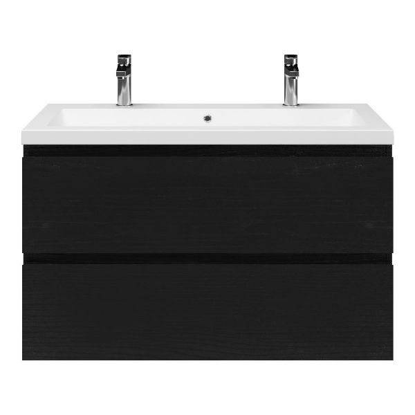Zoutelande badmeubel 100 cm zwart mat eiken met Cadzand wastafel wit mat, 2 kraangaten