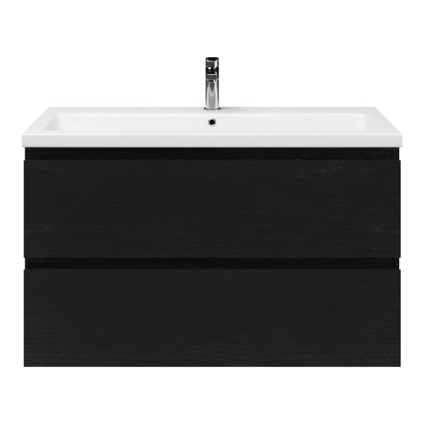 Zoutelande badmeubel 100 cm zwart mat eiken met keramische Dishoek wastafel wit glans, 1 kraangat