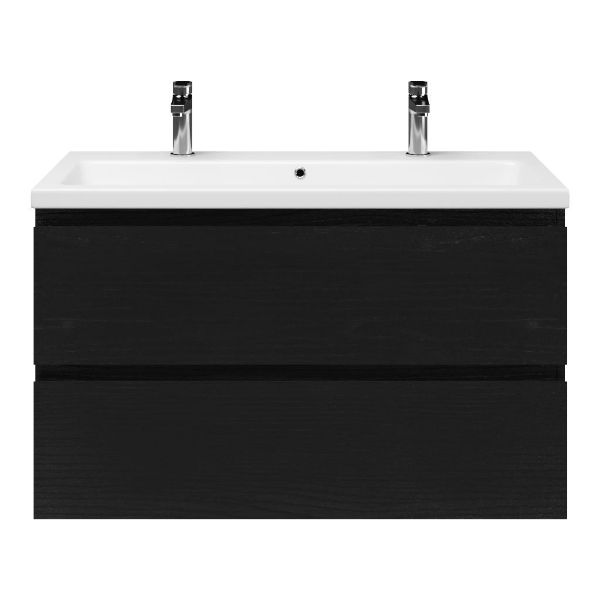 Zoutelande badmeubel 100 cm zwart mat eiken met keramische Dishoek wastafel wit glans, 2 kraangaten