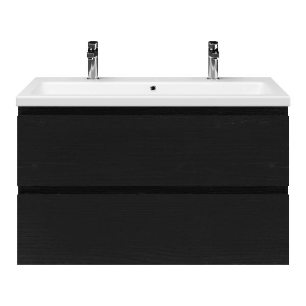 Zoutelande badmeubel 100 cm zwart mat eiken met keramische Dishoek wastafel wit mat, 2 kraangaten
