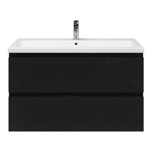 Zoutelande badmeubel 100 cm zwart mat eiken met keramische Dishoek wastafel wit mat, 1 kraangat
