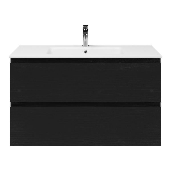 Zoutelande badmeubel 100 cm zwart mat eiken met keramische Callantsoog wastafel wit glans, 1 kraangat