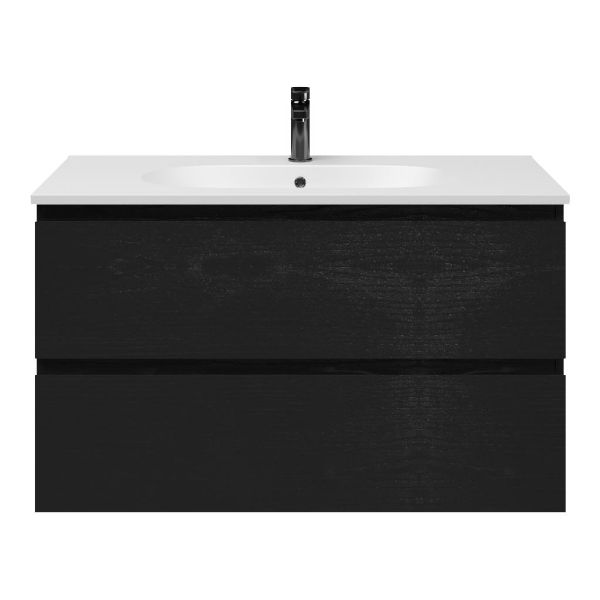 Zoutelande badmeubel 100 cm zwart mat eiken met keramische Ellemeet wastafel wit mat