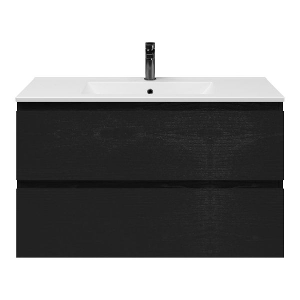 Zoutelande badmeubel 100 cm zwart mat eiken met keramische Huisduinen wastafel wit mat