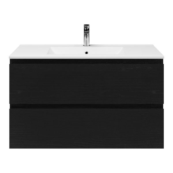 Zoutelande badmeubel 100 cm zwart mat eiken met keramische Huisduinen wastafel wit glans