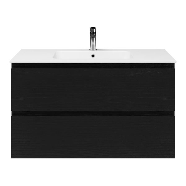Zoutelande badmeubel 100 cm zwart mat eiken met keramische Quadra wastafel wit glans