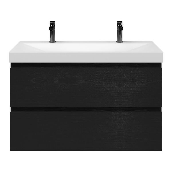 Zoutelande badmeubel 100 cm zwart mat eiken met keramische Rockanje wastafel wit mat, 2 kraangaten