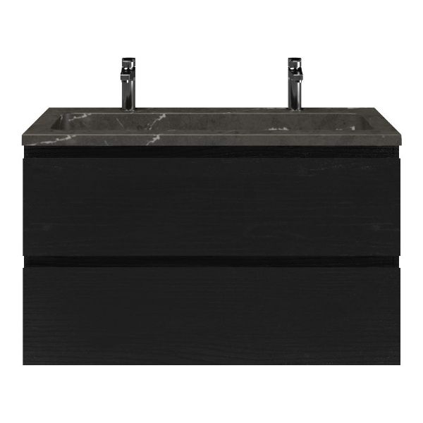 Zoutelande badmeubel 100 cm zwart mat eiken met natuurstenen Square wastafel blue stone, 2 kraangaten