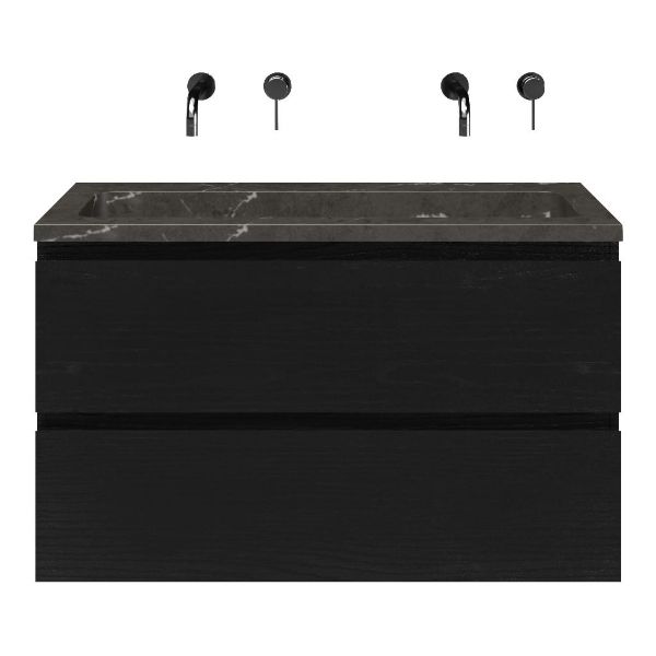 Zoutelande badmeubel 100 cm zwart mat eiken met natuurstenen Square wastafel blue stone, zonder kraangat