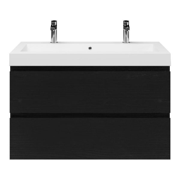 Zoutelande badmeubel 100 cm zwart mat eiken met polystone Cadzand wastafel wit glans, 2 kraangaten