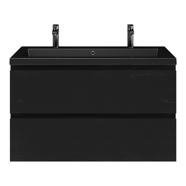 Zoutelande badmeubel 100 cm zwart mat eiken met polystone Cadzand wastafel zwart mat, 2 kraangaten