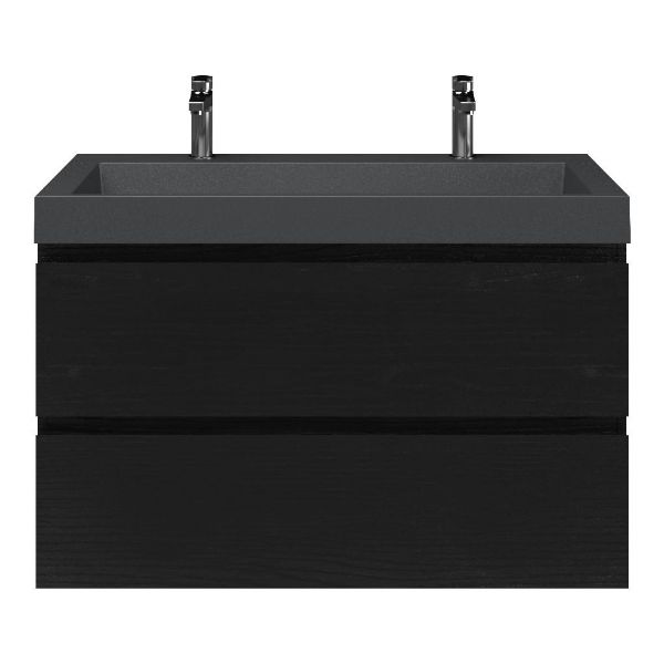 Zoutelande badmeubel 100 cm zwart mat eiken met polystone Haamstede wastafel grijs mat, 2 kraangaten