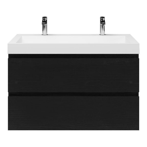 Zoutelande badmeubel 100 cm zwart mat eiken met polystone Haamstede wastafel wit glans, 2 kraangaten
