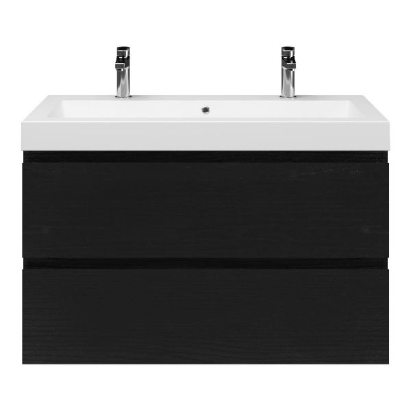 Zoutelande badmeubel 100 cm zwart mat eiken met quartz Cadzand-Q wastafel wit mat, 2 kraangaten
