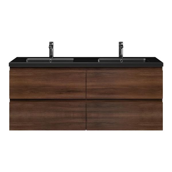 Zoutelande badmeubel 140 cm walnoot met keramische Dishoek wastafel zwart mat