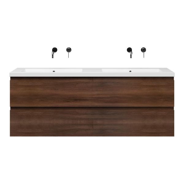 Zoutelande badmeubel 160 cm walnoot met dubbele quartz Cadzand-Q wastafel wit mat