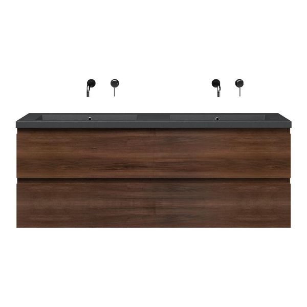 Zoutelande badmeubel 160 cm walnoot met dubbele quartz Cadzand-Q wastafel grijs mat