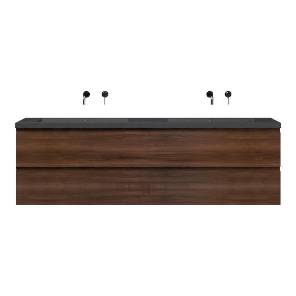Zoutelande badmeubel 200 cm walnoot met dubbele quartz Cadzand-q wastafel grijs mat