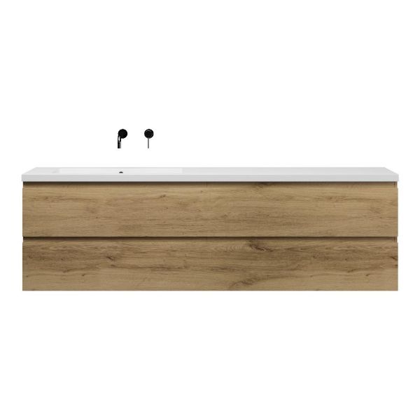 Zoutelande badmeubel 200 cm warm eiken met enkele quartz Cadzand-q wastafel links wit mat
