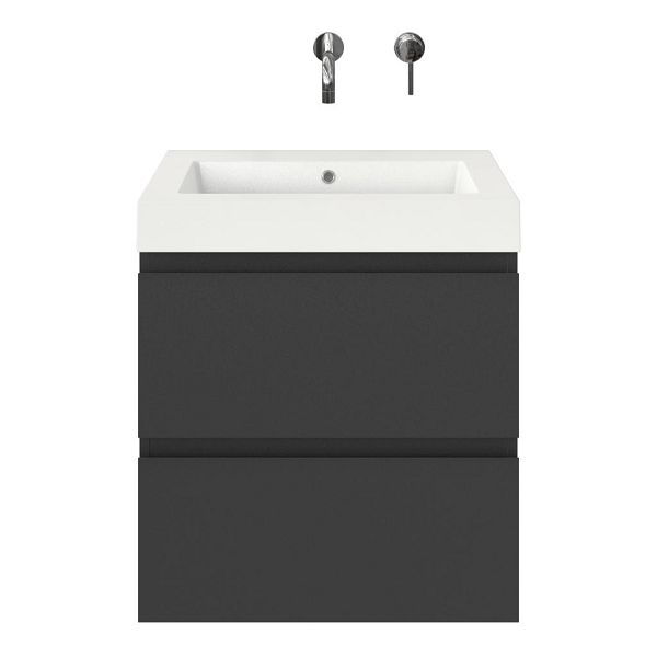 Zoutelande badmeubel 60 cm antraciet mat met polystone Cadzand wastafel wit glans, zonder kraangat, 66 cm hoog