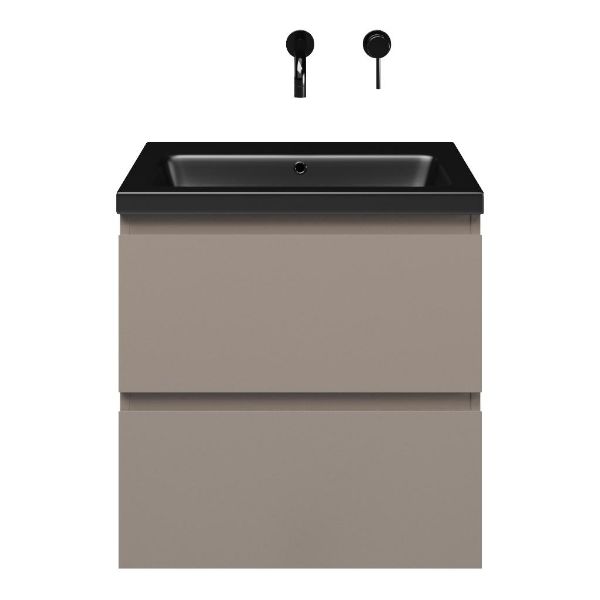 Zoutelande badmeubel 60 cm taupe met keramische Dishoek wastafel zwart mat, zonder kraangat