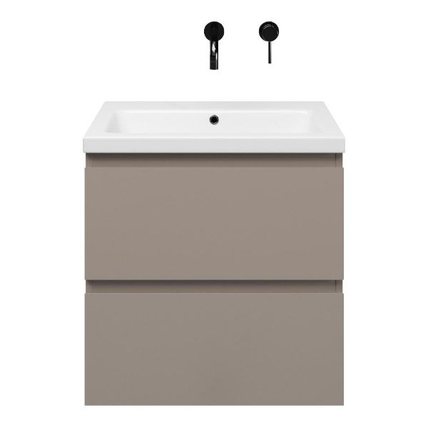 Zoutelande badmeubel 60 cm taupe met keramische Dishoek wastafel wit glans, zonder kraangat