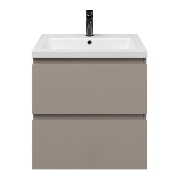 Zoutelande badmeubel 60 cm taupe met keramische Dishoek wastafel wit mat, 1 kraangat
