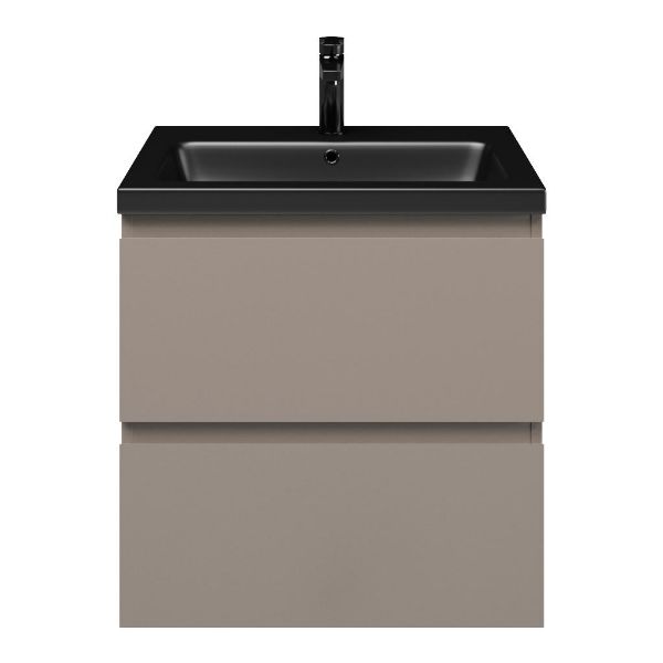 Zoutelande badmeubel 60 cm taupe met keramische Dishoek wastafel zwart mat, 1 kraangat