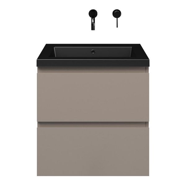 Zoutelande badmeubel 60 cm taupe met polystone Cadzand wastafel zwart mat, zonder kraangat