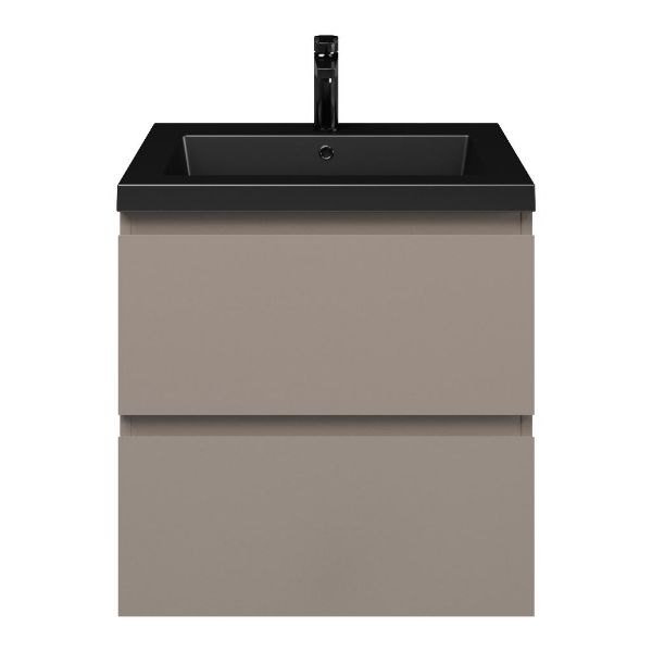 Zoutelande badmeubel 60 cm taupe met polystone Cadzand wastafel zwart mat, 1 kraangat