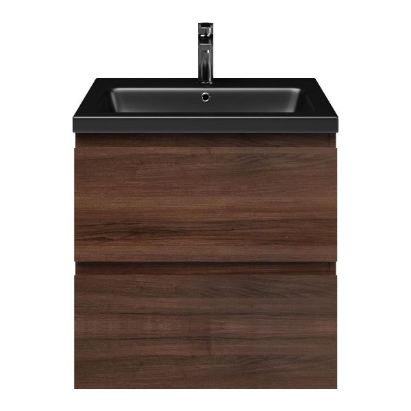 Zoutelande badmeubel 60 cm walnoot met keramische Dishoek wastafel zwart mat, 1 kraangat
