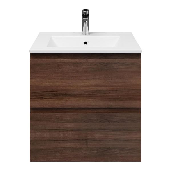 Zoutelande badmeubel 60 cm walnoot met keramische Huisduinen wastafel wit glans