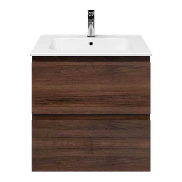 Zoutelande badmeubel 60 cm walnoot met keramische Quadra wastafel wit glans