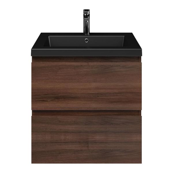 Zoutelande badmeubel 60 cm walnoot met polystone Cadzand wastafel zwart mat, 1 kraangat