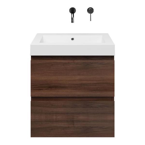 Zoutelande badmeubel 60 cm walnoot met polystone Cadzand wastafel wit glans, zonder kraangat