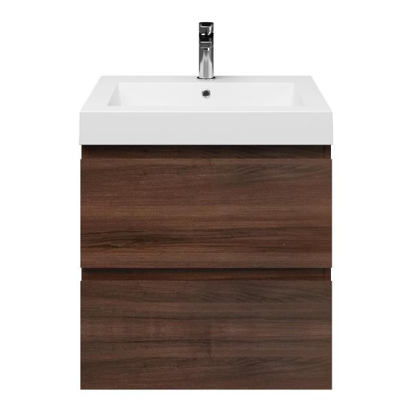 Zoutelande badmeubel 60 cm walnoot met polystone Cadzand wastafel wit glans, 1 kraangat