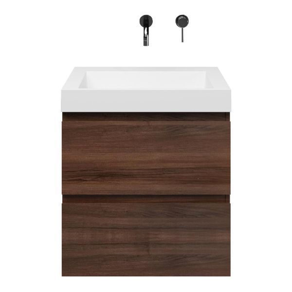 Zoutelande badmeubel 60 cm walnoot met polystone Haamstede wastafel wit glans, zonder kraangat