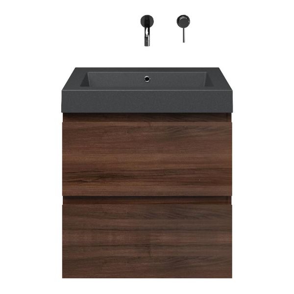 Zoutelande badmeubel 60 cm walnoot met quartz Cadzand-Q wastafel grijs mat, zonder kraangat