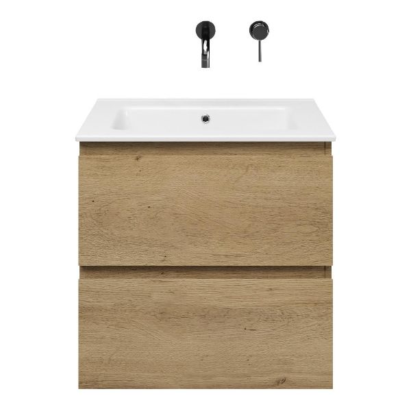 Zoutelande badmeubel 60 cm warm eiken met keramische Callantsoog wastafel wit glans
