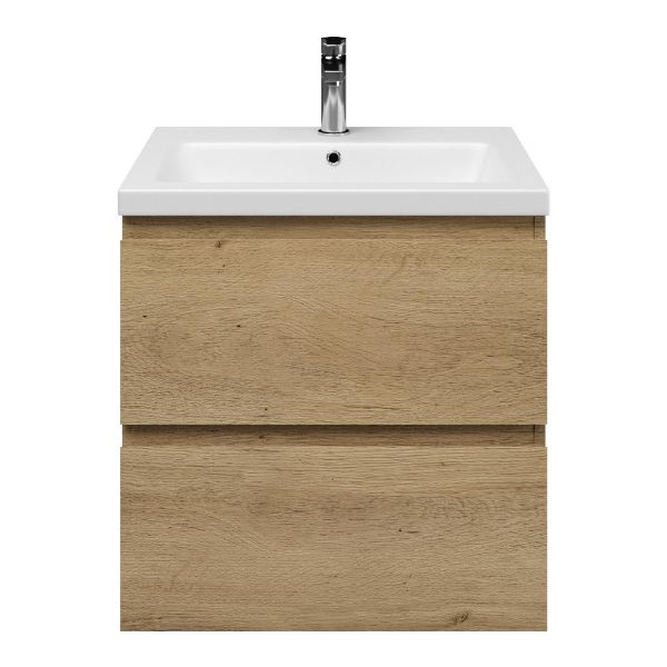 Zoutelande badmeubel 60 cm warm eiken met keramische Dishoek wastafel wit mat