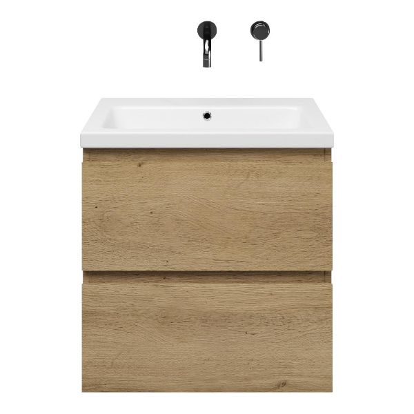 Zoutelande badmeubel 60 cm warm eiken met keramische Dishoek wastafel wit glans