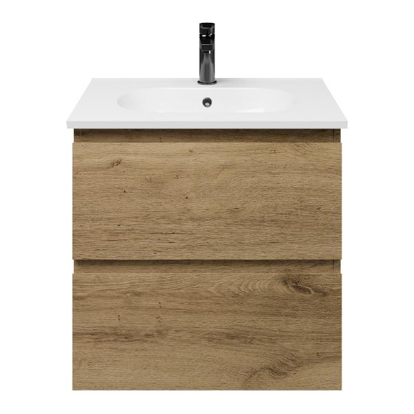 Zoutelande badmeubel 60 cm warm eiken met keramische Ellemeet wastafel wit glans