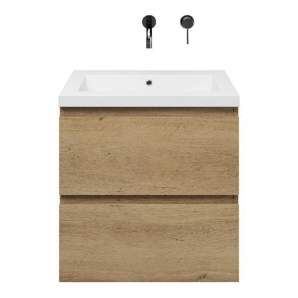 Zoutelande badmeubel 60 cm warm eiken met polystone Cadzand wastafel wit glans