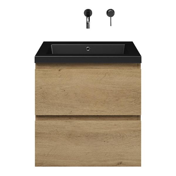 Zoutelande badmeubel 60 cm warm eiken met polystone Cadzand wastafel zwart mat